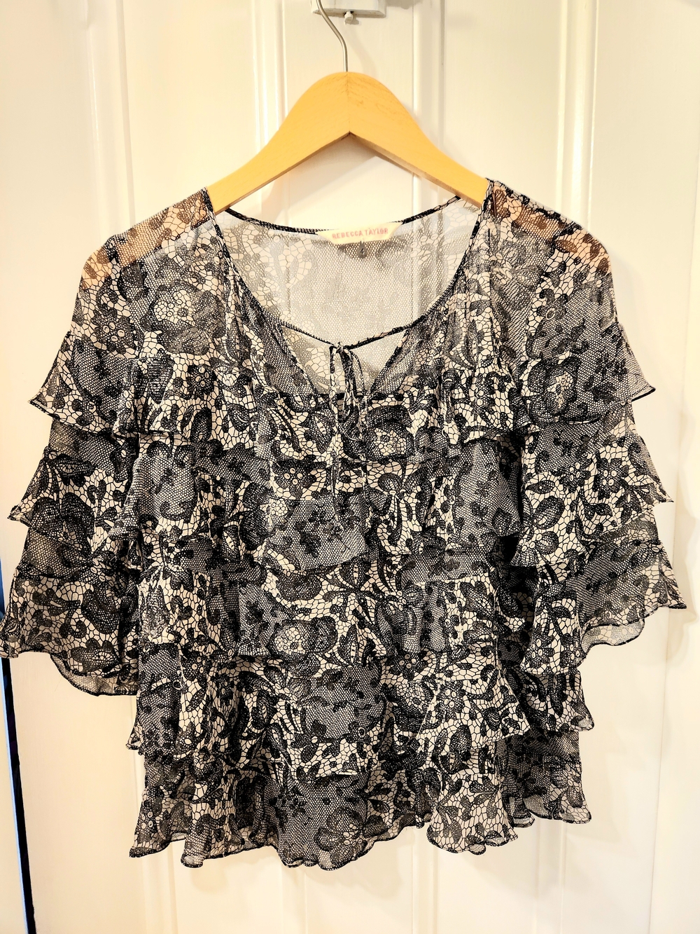 Rebecca Taylor Silk Black & White Lace Print Blouse Size 4
